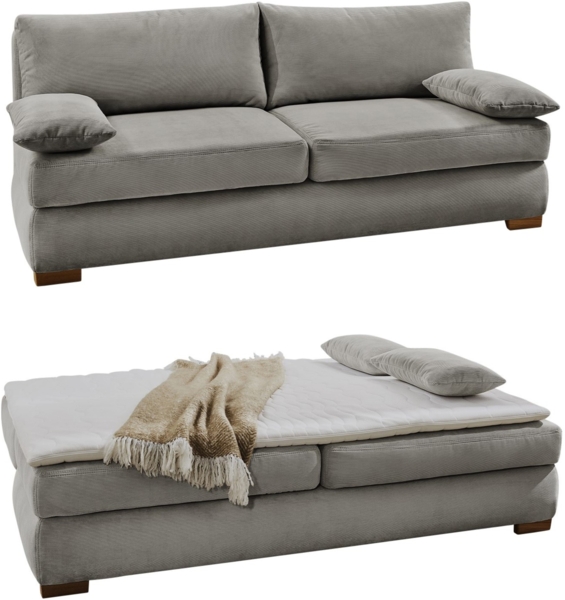 Dauer-Schlafsofa Federkern Couch mit Topper und Bettkasten in Feincord Hellgrau