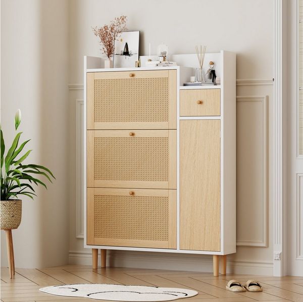 KLAM HOME Schuhschrank Holzwerkstoff Schuhschrank aus Rattan,mit 3 Kipp-Türen und 1 Schublade Massivholzbeinen und Griffen – Maße: B90/H125/T17 cm