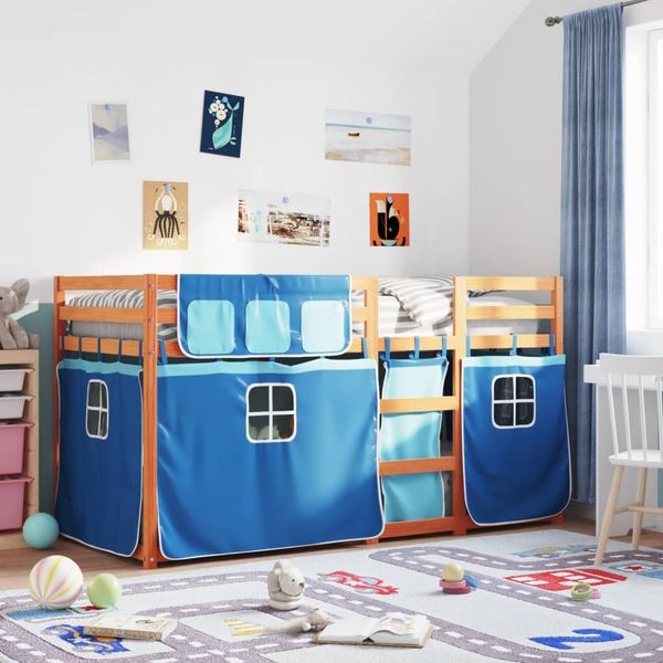 vidaXL Etagenbett mit Vorhängen Blau 90x190 cm Massivholz Kiefer 3283950