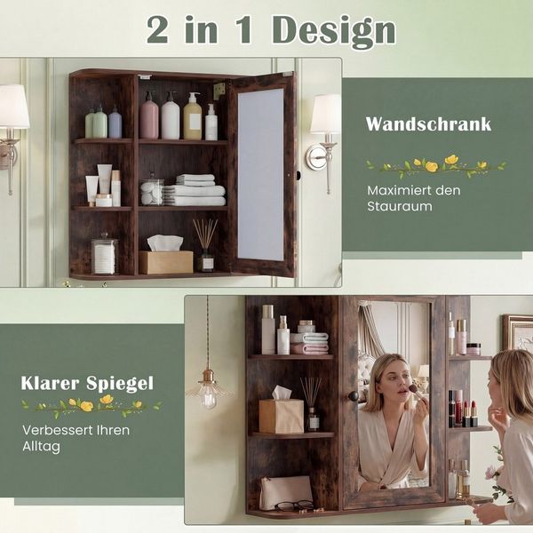 COSTWAY Spiegelschrank Badschrank mit 3 Innenablagen & 6 offenen Fächern