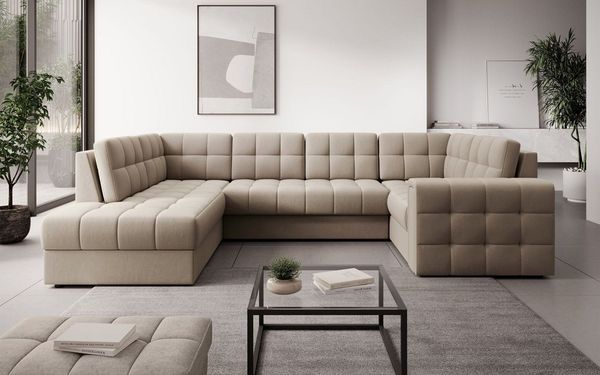 Lukas Möbel Wohnlandschaft Wohnlandschaft Belvis Ecksofa in U-Form, mit Bettfunktion, Bettkasten, Rückseite bezogen