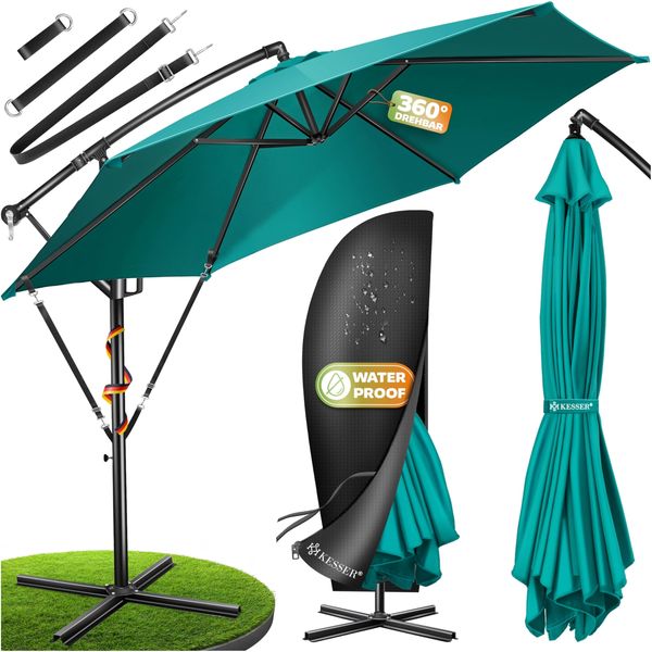 KESSER® Alu Ampelschirm Sonnenschirm + Abdeckung Ø300 cm / Ø350 cm mit Kurbelvorrichtung Kurbelschirm mit Ständer UV-Schutz Aluminium Wasserabweisende Bespannung - Schirm Gartenschirm Marktschirm 300cm, Petrol Grün