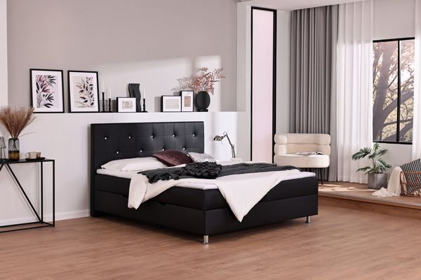 Home affaire Boxbett Big Noux aus schwarzem Kunstleder mit Kristallsteinen im Kopfteil, inkl. Bettkasten, erhältlich in der Größe 180x200 cm