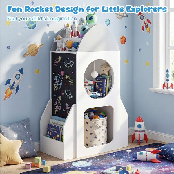 COSTWAY Kinderregal, Raketen-Weltraum-Thema, mit Tafel & 3-stufiges Regal
