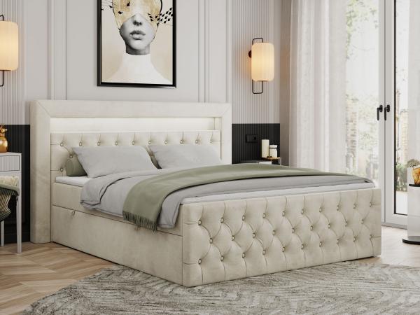 Mks Möbel 'Gold-9' Boxspringbett mit Bettkasten und LED-Beleuchtung, 180x200 cm, Beige, Velours, Hart (H4)