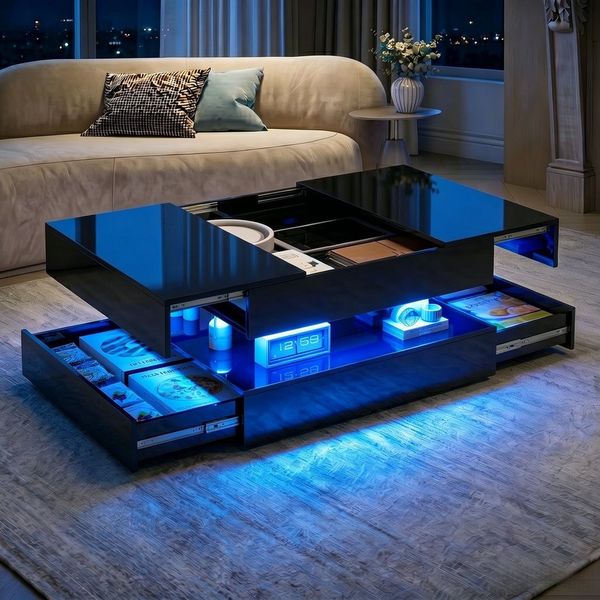 PXloue Couchtisch LED-Couchtisch mit Stauraum und modernem Design (Hochglänzender), Praktischer Tisch mit Schubladen und integrierter Beleuchtung