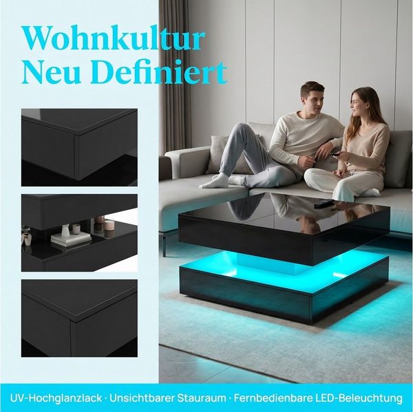 PXloue Couchtisch LED-Couchtisch mit Stauraum und modernem Design (Hochglänzender), Praktischer Tisch mit Schubladen und integrierter Beleuchtung