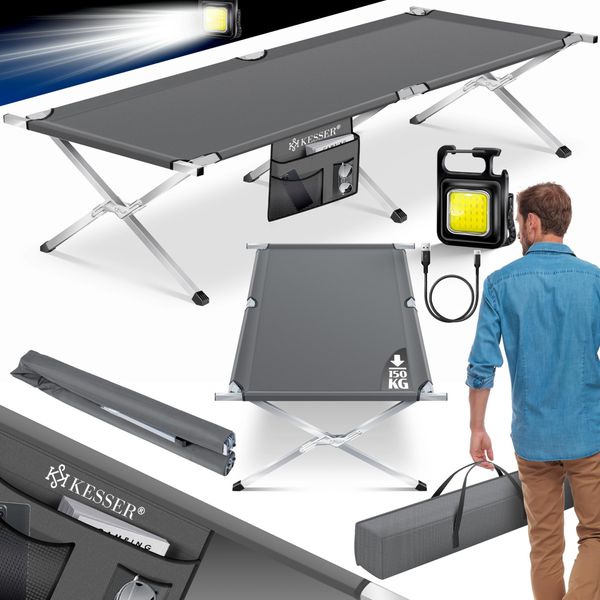 KESSER® Campingbett Klappbett Inkl. Tragetasche und Seitentasche Stabiles Feldbett 150 kg Belastbar Metallrohr 600D Oxfordgewebe Tragbar Liege Reise Bequem Anthrazit, 210 cm