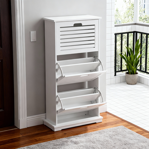 Home Nature Wohnkonzept Schuhschrank, Schuhkipper für 12–16 Paar Schuhe, Platzsparender Schuhschrank für den Eingangsbereich, mit Klappfächern, 53,6 x 24 x 108,7 cm, Weiß