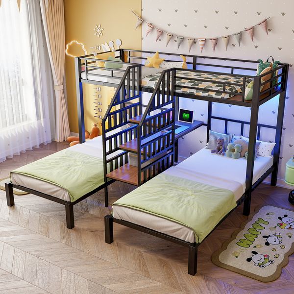 Etagenbett 90×200 cm mit 3 Schlafplätzen, LED, Stauraumtreppe, Schreibtisch, schwarz, ohne Matratze