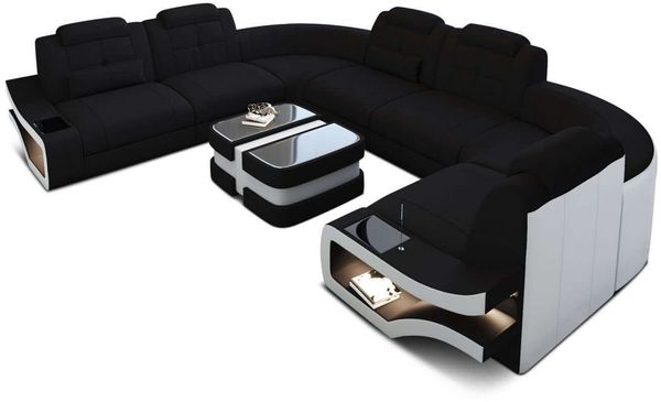 Couchlandschaft Elena U Form in Stoff - Mikrofaserstoff - schwarz-weiß - Links