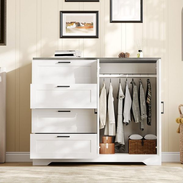 GarveeMore Kleiderschrank Niedriger Sideboard mit 2 Türen & 4 Schubladen, Weiß & Braun (120×50×110 cm) Kippsicherung, Metallgriffen, viel Stauraum für Schuhe, Kleidung, Hüte