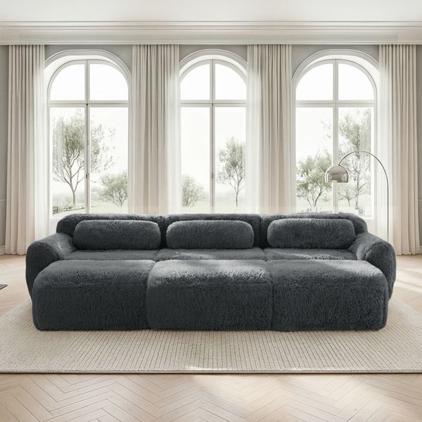 Sofa modular mit Sitzfläche für 2–4 Personen, Plüschbezug, wolkenweich, Grau, mit verbindbaren Ottomans,291*179*73 cm