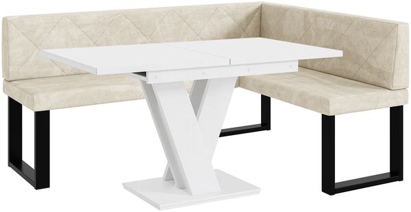 MEBLINI Eckbank für Esszimmer mit ausziehbarem Tisch - Küchenbank - Essecke - Sitzecke Küche - ERIC - U-Beine 128x168x87cm Rechts - Creme Samt/M Weiß Matt