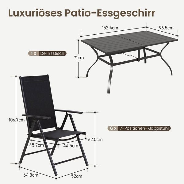 PHI VILLA Garten-Essgruppe, (6 Verstellbar mit 7 Sitzpositionen Gartenstühle klappbar, Terrassenmöbel Balkonmöbel Gartengarnitur Gartenmöbel Set), Wetterfest Garten Sitzgruppe