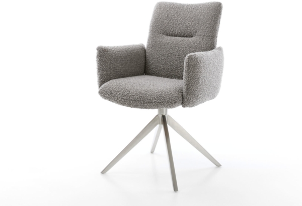 Drehstuhl Jova-Flex mit Armlehnen Bouclé Silbergrau Kreuzgestell breit Edelstahl 360° drehbar Taschenfederkern