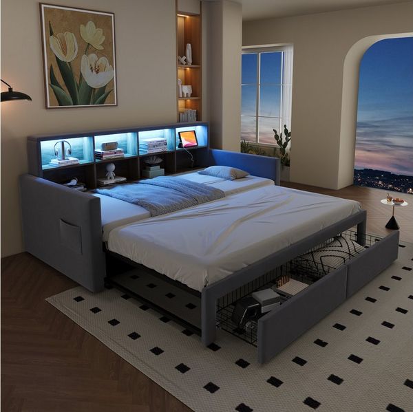 REDOM Schlafsofa mit LED-Kopfteil, Ladeanschlüssen & Staufächern, Zwei Schubladen & Lattenrost, Polsterbett Kinderbett, 90/180x190 cm, ohne Matratze