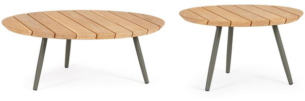 Gartencouchtisch-Set Assivali aus Teakholz, modern skandinavisch, grün natur, rundes 2er-Set