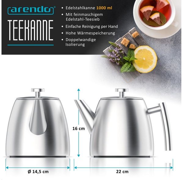 Arendo Teekanne Edelstahl, Siebeinsatz, 1000 ml, mit Griff aus Metall, Isolierkanne, 1 l, (Set, 2-St), Doppelwandige Thermo Isolierung, Kanne mit Teesieb für losen Tee