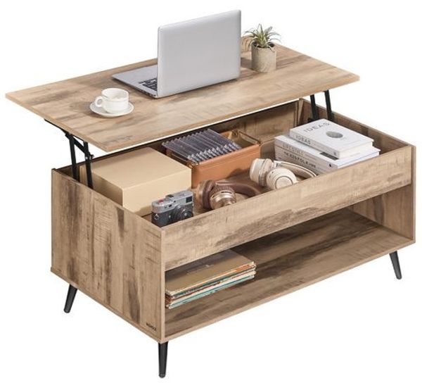 VASAGLE Wohnzimmertisch, höhenverstellbarer Couchtisch, verstecktes Fach, für Homeoffice, offenes Fach, kamelbraun-schwarz