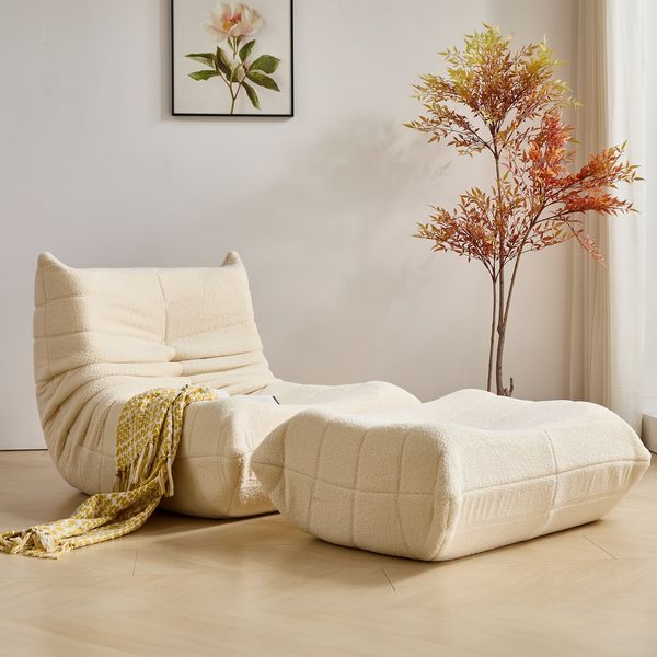 MODFU Sofa Beanbag-Sessel mit Teddyfleece, ergonomischem Formschaum und Rückenhöhe, Beige, 43,18 cm