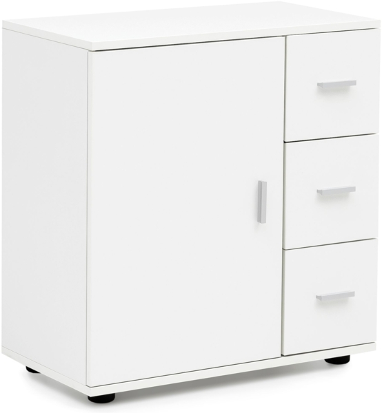 Badschrank WL5.877 Weiß 60 x 65,5 x 33 cm Midi-Schrank mit Tür & Schubladen, Kleiner Beistellschrank Matt, Badregal Schmal Freistehend Badezimmerkommode, Badmöbel Badezimmermöbel