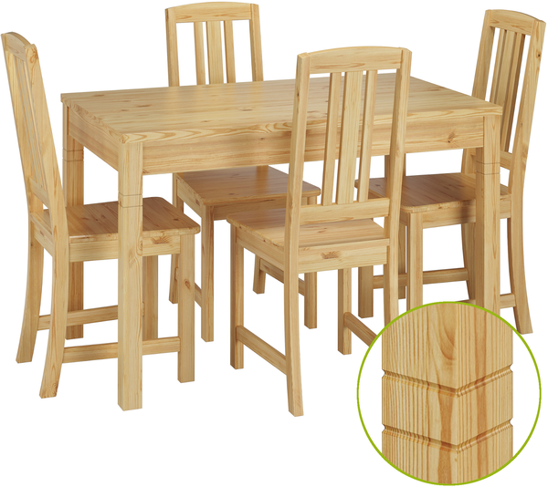 Vollholz-Essgruppe mit Tisch und 4 Stühle Kiefer Massivholz natur 90.70-51 B-Set 22