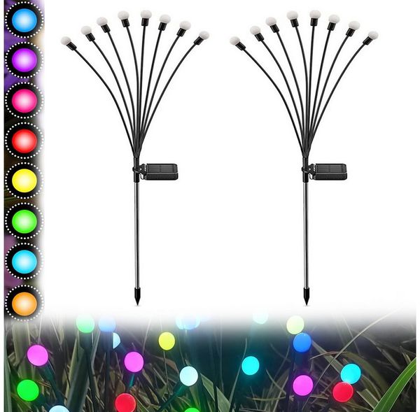 MUPOO LED Gartenleuchte LED-Lichterkette Leuchten Solarbetriebene Glühwürmchen IP65, 2 Stück, 8 LED-Leuchten, Solar Glühwürmchen Warmweißes/RGB,Garten Deko Glühwürmchen,6/8/10Köpfe