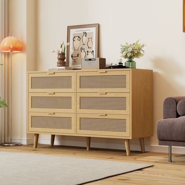 Kommode mit 6 Schubladen, Rattan-Optik, 120 x 40 x 76,5 cm, Walnuss