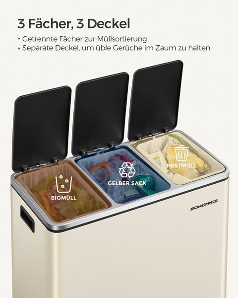SONGMICS Mülleimer Küche, 3 x 18 L, Mülltrennsystem 3 Fächer, Abfalleimer, Treteimer, für gelben Sack Bild 2