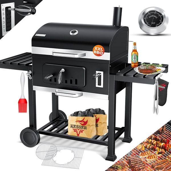 KESSER® Grill Grillwagen XXL Holzkohlegrill mit Deckel, Rädern, Edelstahl-Griff, Grillrost und Thermometer Holzkohle kohlegrill Wagen groß Kohle BBQ Barbeque Camping, Terrasse, Garten Schwarz, XXL, ohne Set