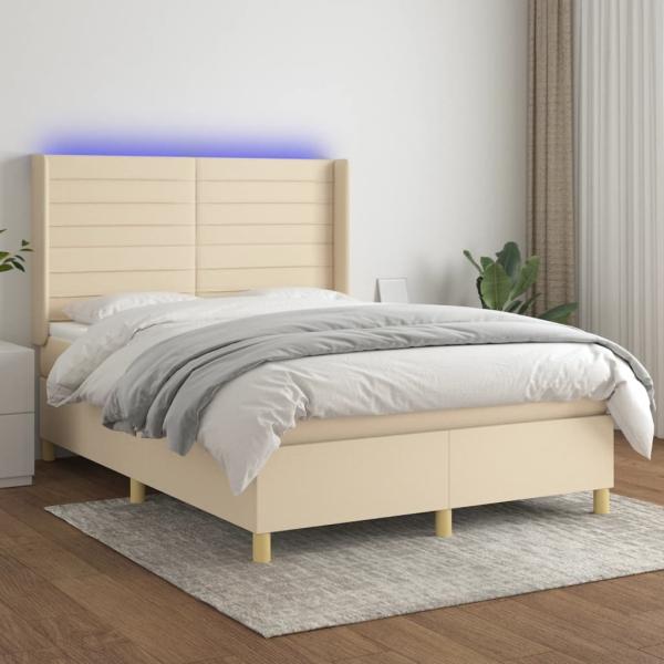 vidaXL Boxspringbett mit Matratze & LED Creme 140x190 cm Stoff 3138954