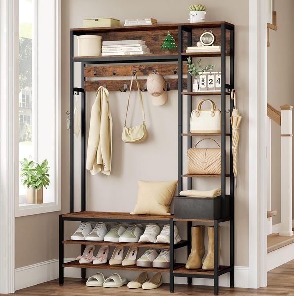 Garderobenständer mit Schuhbank, Garderobe, 1 Stoffkorb, Kleiderständer mit 15 Haken, 8 Offene Ablagefächer, für Flure und Wohnzimmer, 40 x 120 x 190,5 cm, Braun und Schwarz