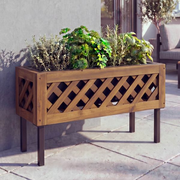 Pflanzkasten HWC-P86, Blumen-/Pflanzkübel Blumenkasten, In-/Outdoor Akazie Holz FSC®-zertifiziert 35 x 64 x 24 cm ~ braun
