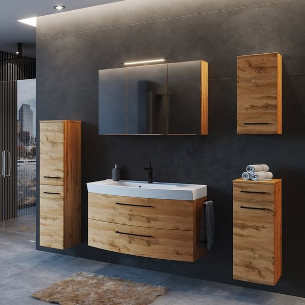 Badezimmer Möbel Set in Wotan Eiche Nb. mit 100 cm Waschtisch inkl. Waschbecken, B/H/T: ca. 220/200/50 cm