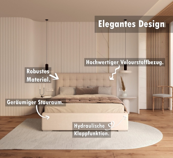 FDM Polsterbett Elegant - Stauraum & modernes Design 120x200 140x200 160x200 180x200cm (MADE IN EU - mit hochwertigem Velours Bezug, Bettrahmen, Bett, Optional mit Matratze bestellbar, Mit großem Kopfteil für Komfort - Bettkasten mit Hubrahmen), Metall... Bild 2