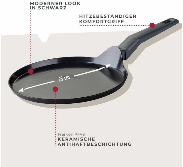 FACKELMANN Crepepfanne 25cm Statement – Keramik beschichtete flache Pfanne - Recyceltes Aluminium mit Antihaft-Beschichtung – Für alle Herdarten inklusive Induktion, 3 Jahre Garantie, PFAS-frei