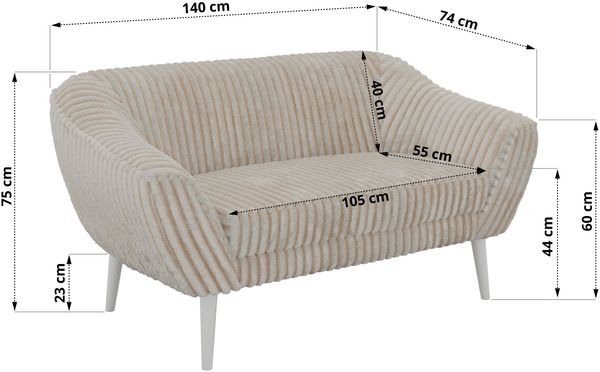 Polstersofa PIRS 2 Skandinavisches Sofa 2-Sitzer, Sofa mit Wellenfederung, Breite 140 cm, weiße Füße Hoher Sitzkomfort - Beige Cord Bild 5
