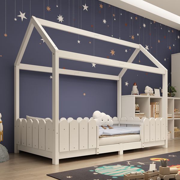 Kindereinzelbett 90×200 cm aus Massivholz mit Rausfallschutz und Lattenrost, weiß
