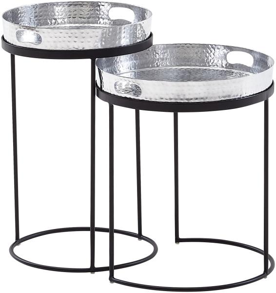 FineBuy Beistelltisch 2er Set Metall Hammerschlag Satztisch Rund, Couchtisch abnehmbares Tablett, Tabletttisch Sofa 2 teilig Modern, Runder Sofatisch Silber