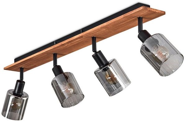 hofstein Deckenleuchte Deckenlampe aus Metall/Holz/Glas in Schwarz/Natur/Rauchfarben, ohne Leuchtmittel, moderne Industrial-Design Leuchte, mit Glasschirmen (8 cm), 4 x E14