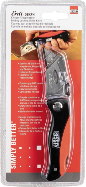 BESSEY Klingen-Klappmesser DBKPH-EU | Universalmesser 160mm | 5 Ersatzklingen | Kunststoffgriff | Gürtelclip | Rot