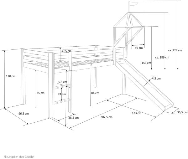 Hochbett mit Lattenrost 90x200 Turm Rutsche Stockbett Kinderbett Holz Kiefer Vorhang grau Sterne Bild 3