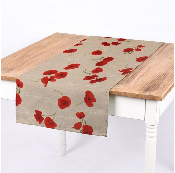 SCHÖNER LEBEN. Tischläufer SCHÖNER LEBEN. Tischläufer Mohnblumen Schriftzug natur rot grün weiß, handmade