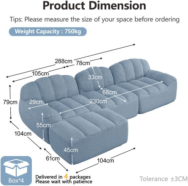 Modulares Ecksofa aus granuliertem Fleece, 3-Sitzer/L-Form, 228x165x79 cm, blau Bild 4