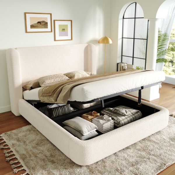 Merax Polsterbett, 160 x 200cm Doppelbett, hydraulisches Funktionsbett, Bett mit Lattenrost, Kopfteil und großem Stauraum, gepolstertes Kopfteil, Beige Bouclé