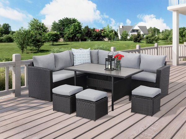 MeXo Gartenlounge-Set Polyrattan Ggartenmöbel Set 8 Personen mit Tisch, (Belastbarkeit pro Sitzplatz bis zu 140kg, 7-tlg, 3x Hocker, 2x 2er Sofa, 1xEcksofa, Tisch 132x76x67cm, Inkl. Auflagen), wetterfestes Loungemöbel Set für Terrasse und Garten