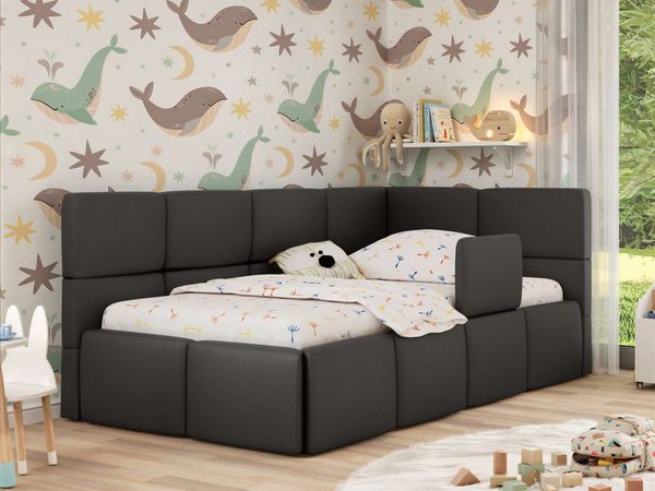 Jugendbett, Kinderbett mit Kopfteil ARVO ALTA 90x200 cm, Polsterbett mit Stauraum, hoher Schlafkomfort - Dunkelgrau Kunstleder - Rechts
