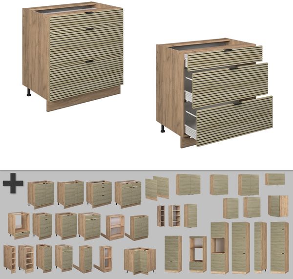 Küchenunterschrank Fame-Line Eiche Paneel 80 cm mit 3 Schubladen, ohne Arbeitsplatte Vicco Bild 4