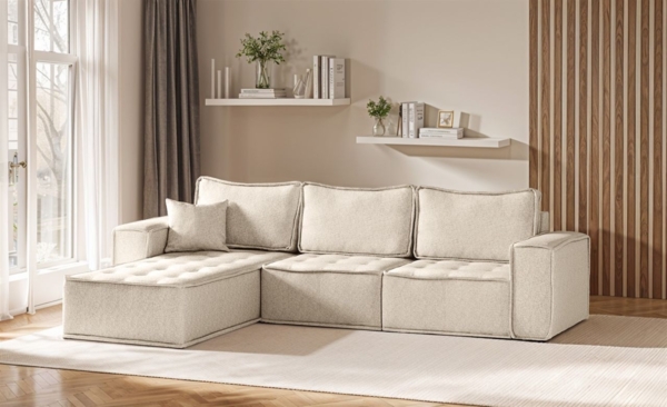 Ecksofa Modulsofa 3-teilig SANDE Stoff Raven Creme Ottomane Links